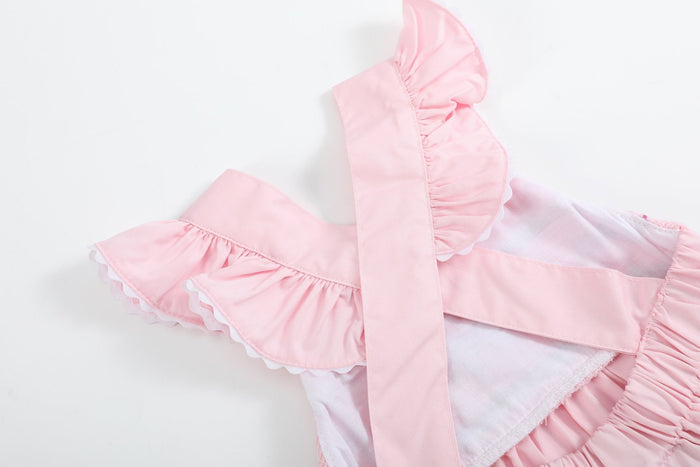 Pink and White bows Smocked Ruffle Romper - Lil Cactus