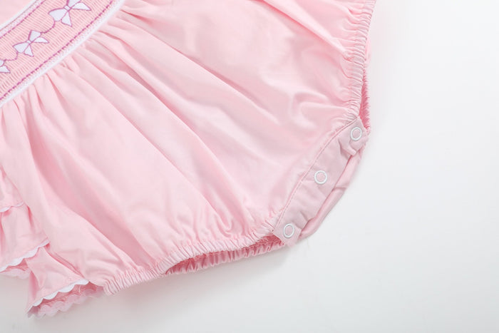 Pink and White bows Smocked Ruffle Romper - Lil Cactus