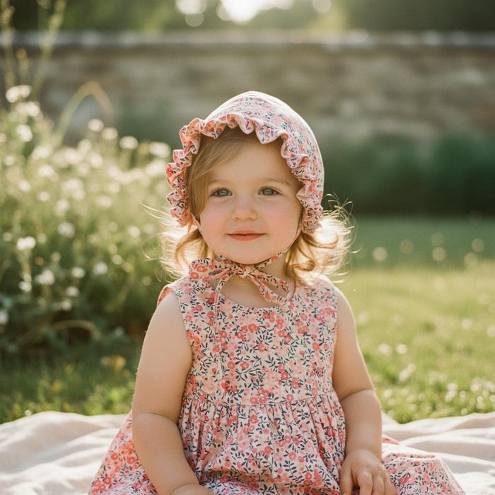 Pink Floral Liberty London Bonnet, Ruffle Brim Sun Hat