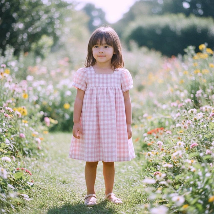 Pink Gingham Linen Smock Dress, Puffed Short Sleeves Square Neck Sun Dress, Handmade Clothing