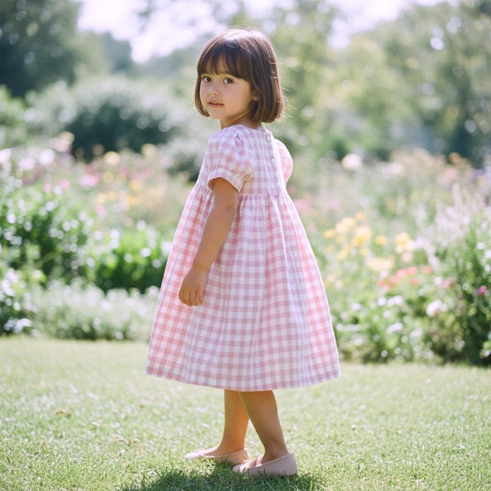 Pink Gingham Linen Smock Dress, Puffed Short Sleeves Square Neck Sun Dress, Handmade Clothing