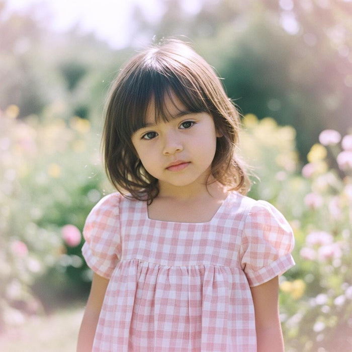 Pink Gingham Linen Smock Dress, Puffed Short Sleeves Square Neck Sun Dress, Handmade Clothing