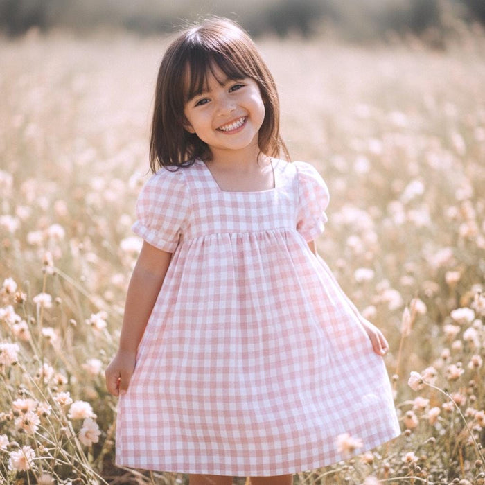Pink Gingham Linen Smock Dress, Puffed Short Sleeves Square Neck Sun Dress, Handmade Clothing