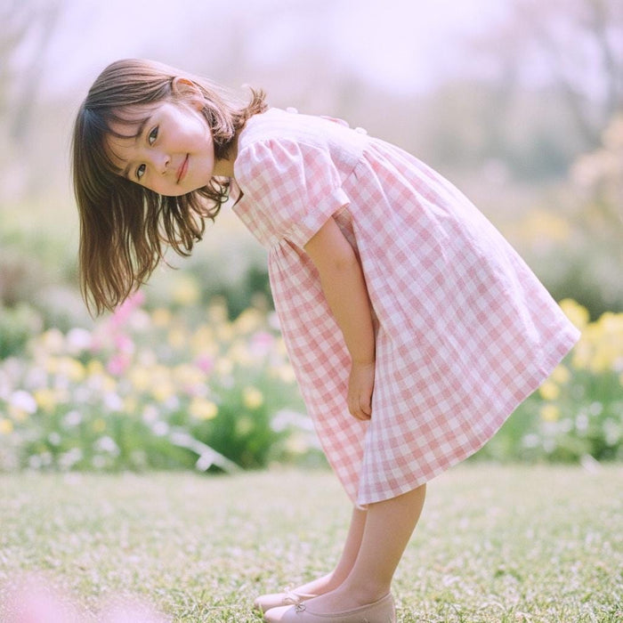 Pink Gingham Linen Smock Dress, Puffed Short Sleeves Square Neck Sun Dress, Handmade Clothing