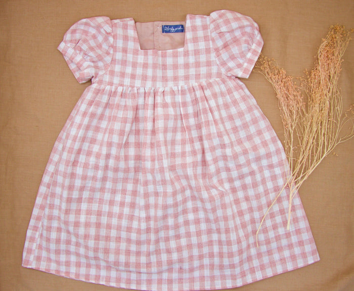 Pink Gingham Linen Smock Dress, Puffed Short Sleeves Square Neck Sun Dress, Handmade Clothing