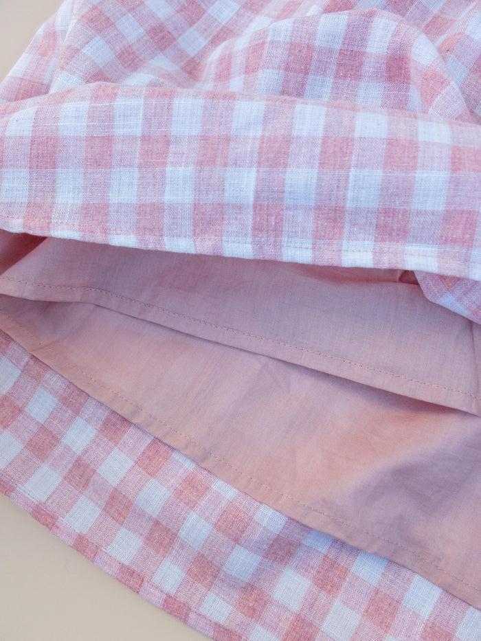 Pink Gingham Linen Smock Dress, Puffed Short Sleeves Square Neck Sun Dress, Handmade Clothing