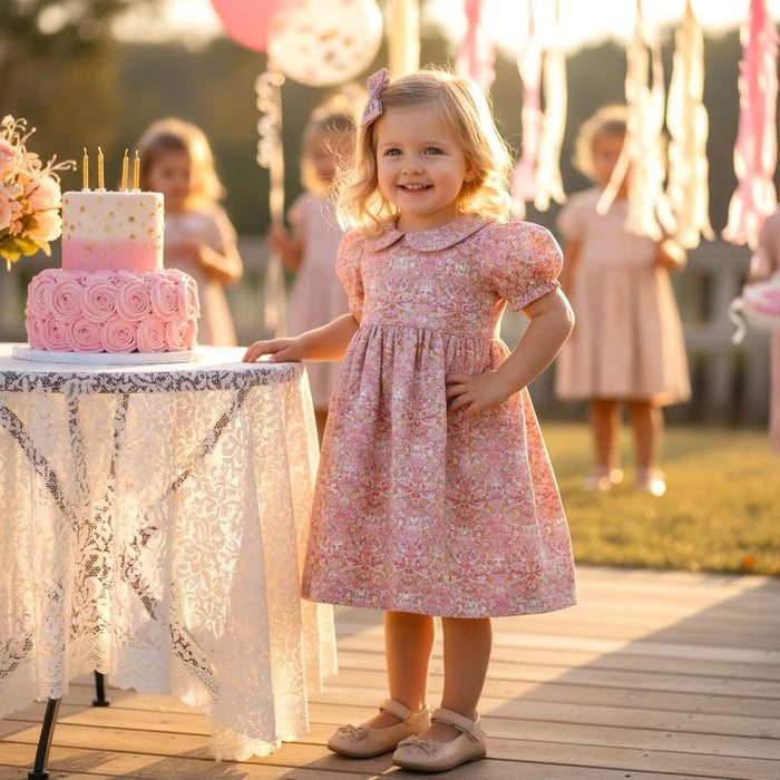 Pink Liberty London Strawberry Thief Baby Girl Dress: Peter Pan Collar, Ditsy Floral Print