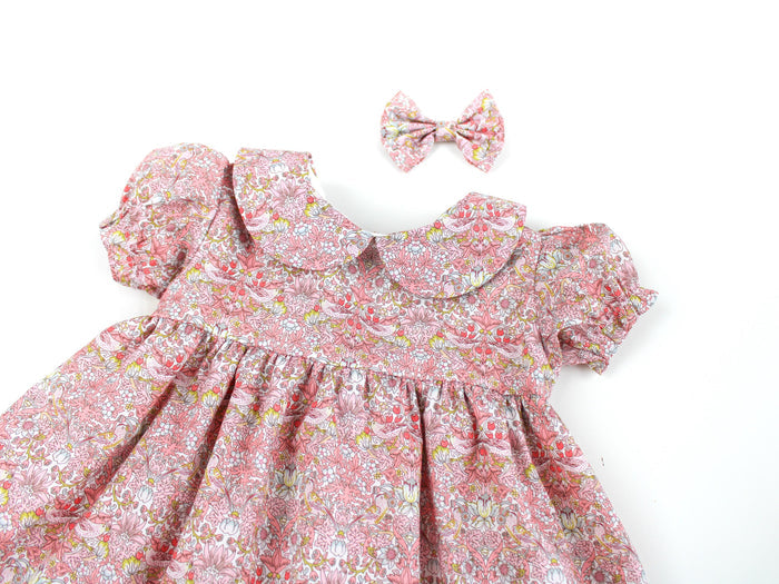 Pink Liberty London Strawberry Thief Baby Girl Dress: Peter Pan Collar, Ditsy Floral Print