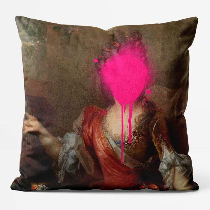 Pink Paint Splat Portrait Cushion, front view