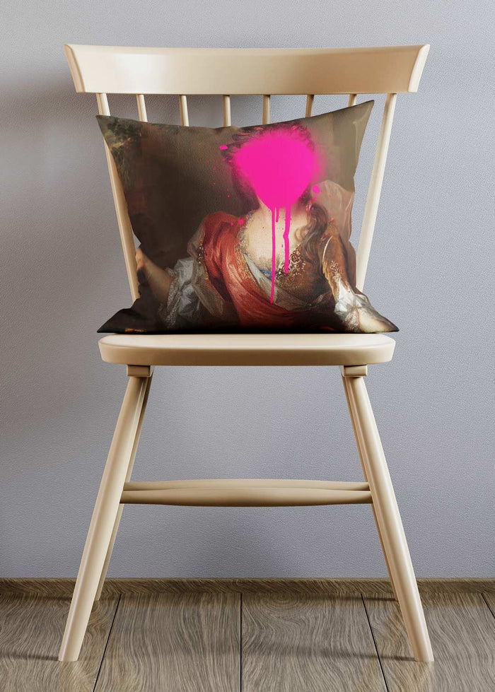 Pink Paint Splat Portrait Cushion in a room setting, view 2