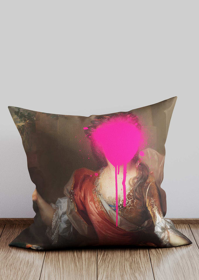 Pink Paint Splat Portrait Cushion in a room setting, view 1