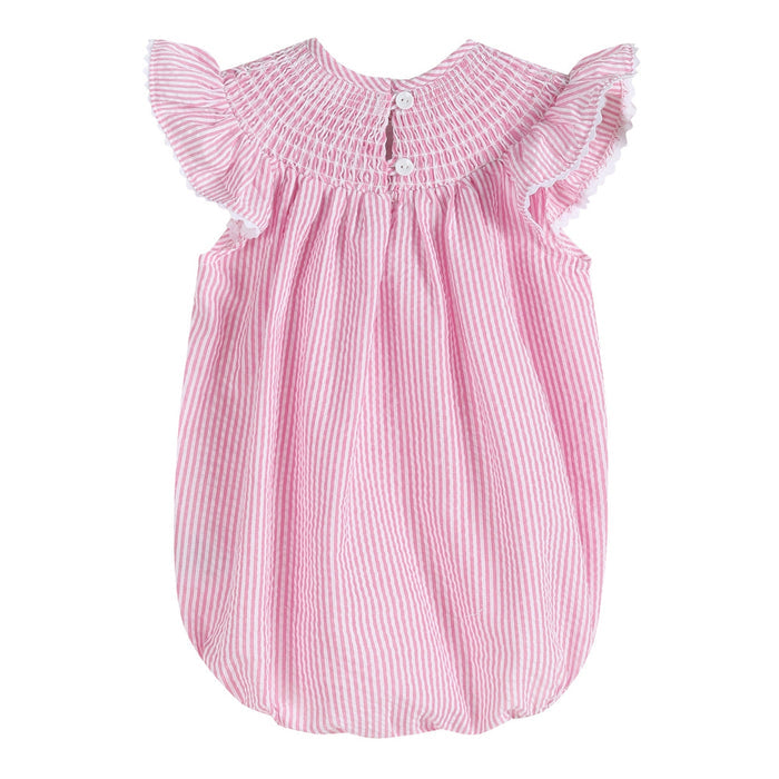 Pink Seersucker Running Bunnies Smocked Flutter Romper - Lil Cactus