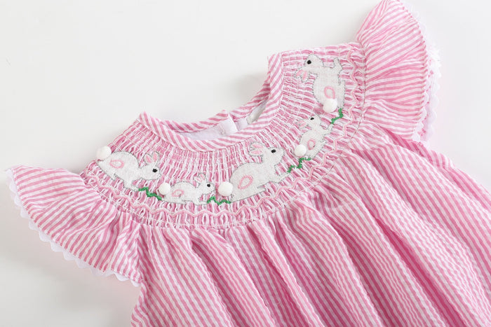 Pink Seersucker Running Bunnies Smocked Flutter Romper - Lil Cactus