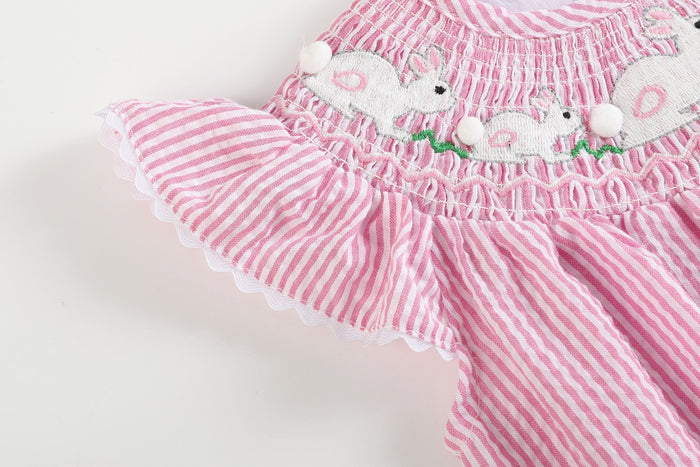 Pink Seersucker Running Bunnies Smocked Flutter Romper - Lil Cactus