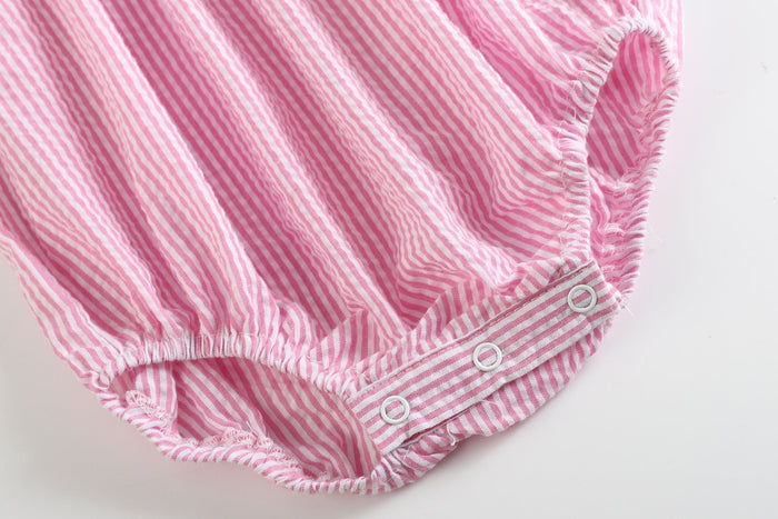 Pink Seersucker Running Bunnies Smocked Flutter Romper - Lil Cactus
