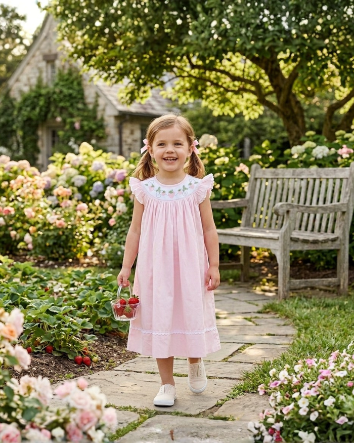 Pink Strawberry Vine Smocked Bishop Dress - Lil Cactus
