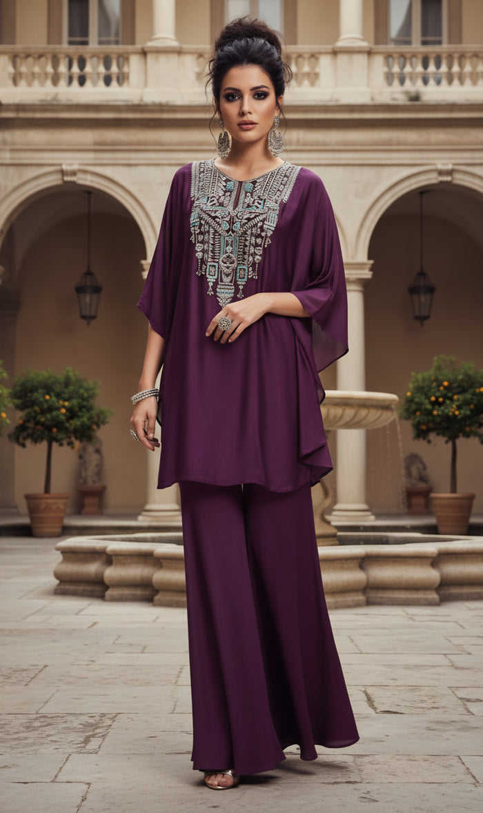 Plum Purple Embellished Kaftan Tunic & Palazzo Set