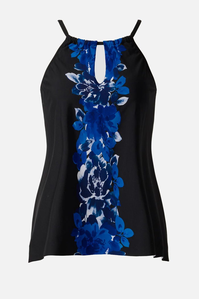 Blue floral printed tankini top with a peep hole neckline