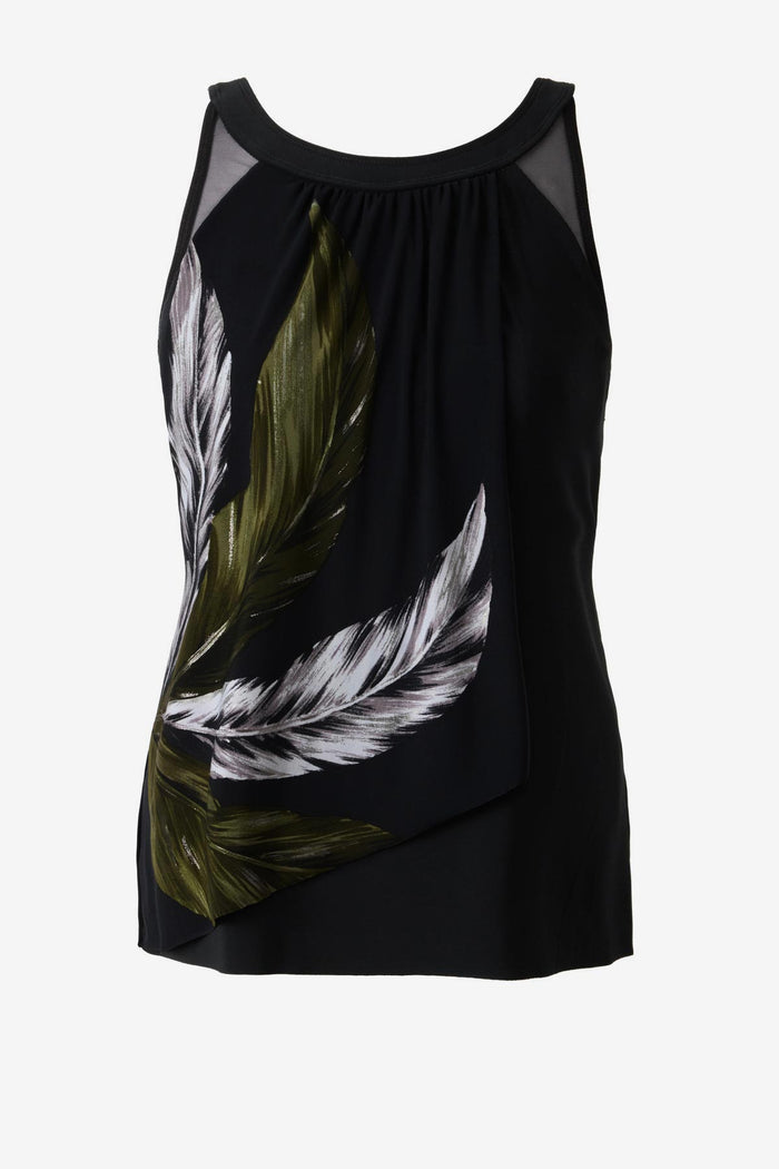 Green and white feather print tankini top