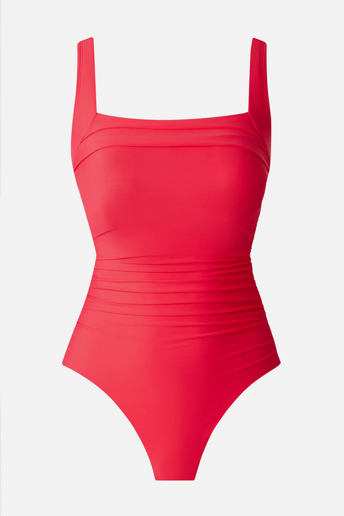 Orange/red square neck one-piece swimsuit