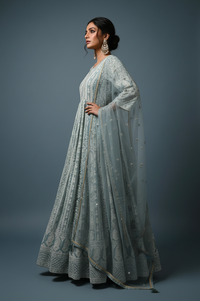 Powder Blue Lucknowi Chikankari Anarkali