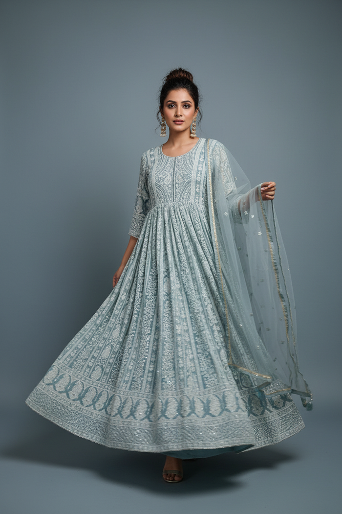 Powder Blue Lucknowi Chikankari Anarkali