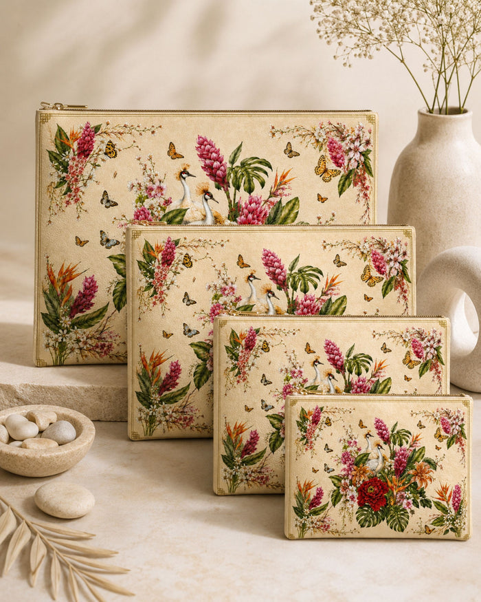 Botanical-print vegan leather zipper pouches set, birds and flowers, multiple sizes