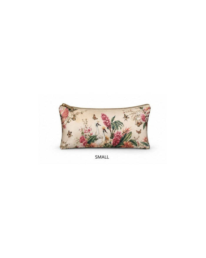 Small botanical-print vegan leather zipper pouch, birds, butterflies, and flowers
