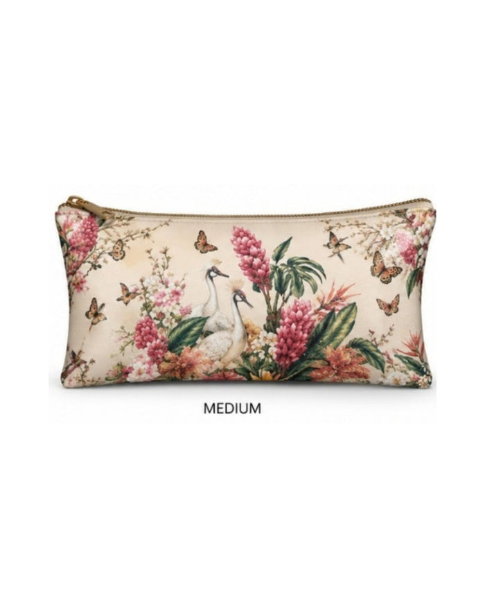 Medium botanical-print vegan leather zipper pouch, bird motif with floral plants