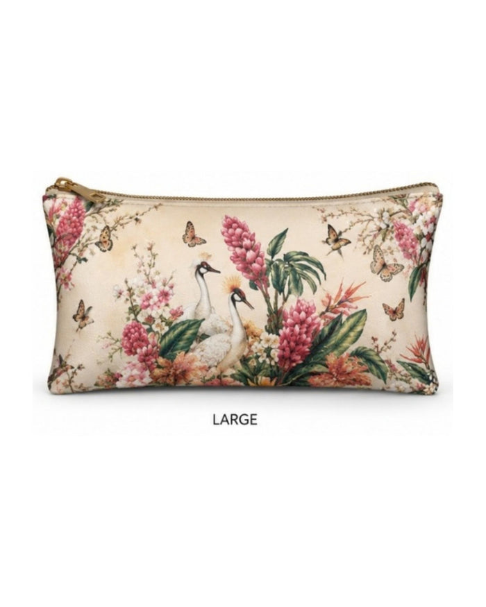 Large botanical-print vegan leather zipper pouch, bird and lush flower pattern