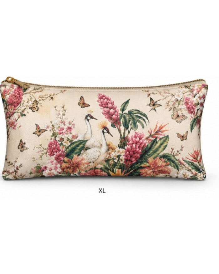 XL botanical-print vegan leather zipper pouch, bird motif with tropical flowers