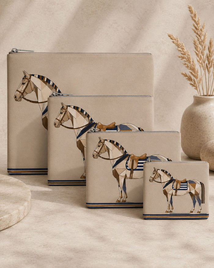 Beige zipper pouch set with horse print, multipurpose organizer (multiple sizes)