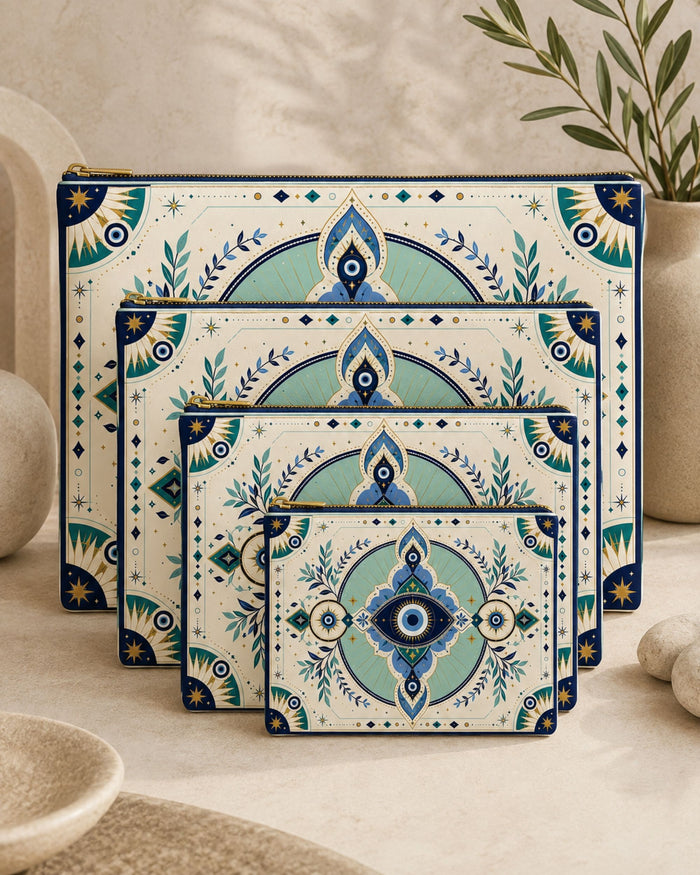 Set of cream faux leather zipper pouches with layered blue evil eye designs