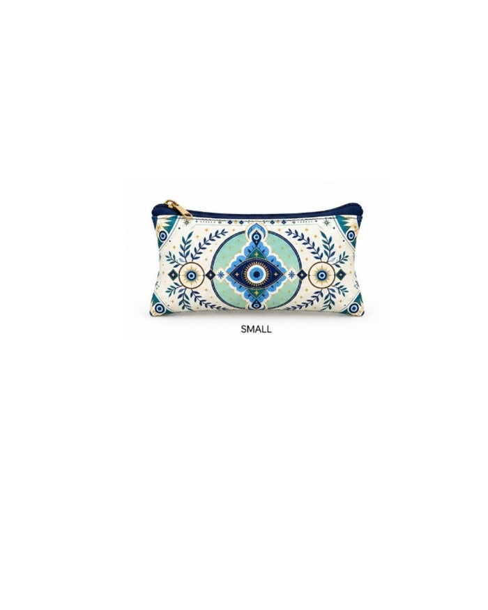 Small cream faux leather zipper pouch with blue evil eye motif
