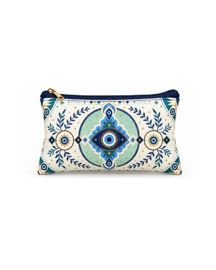 Cream faux leather zipper pouch with blue evil eye centerpiece and leaf accents