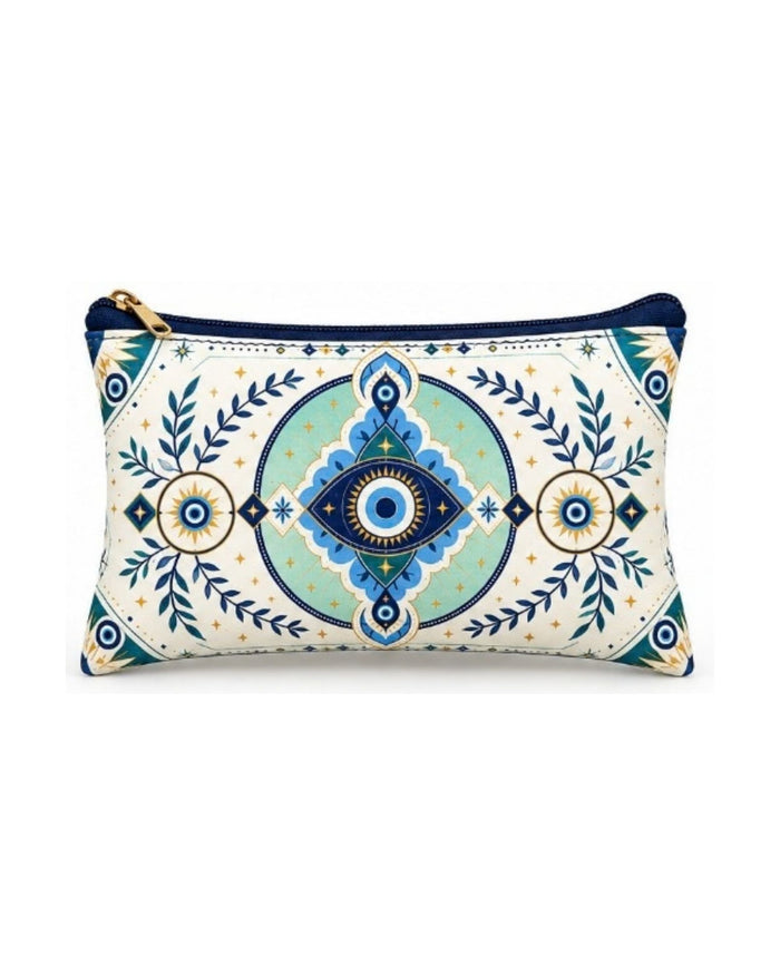 Cream faux leather rectangular zipper pouch with bold blue evil eye design