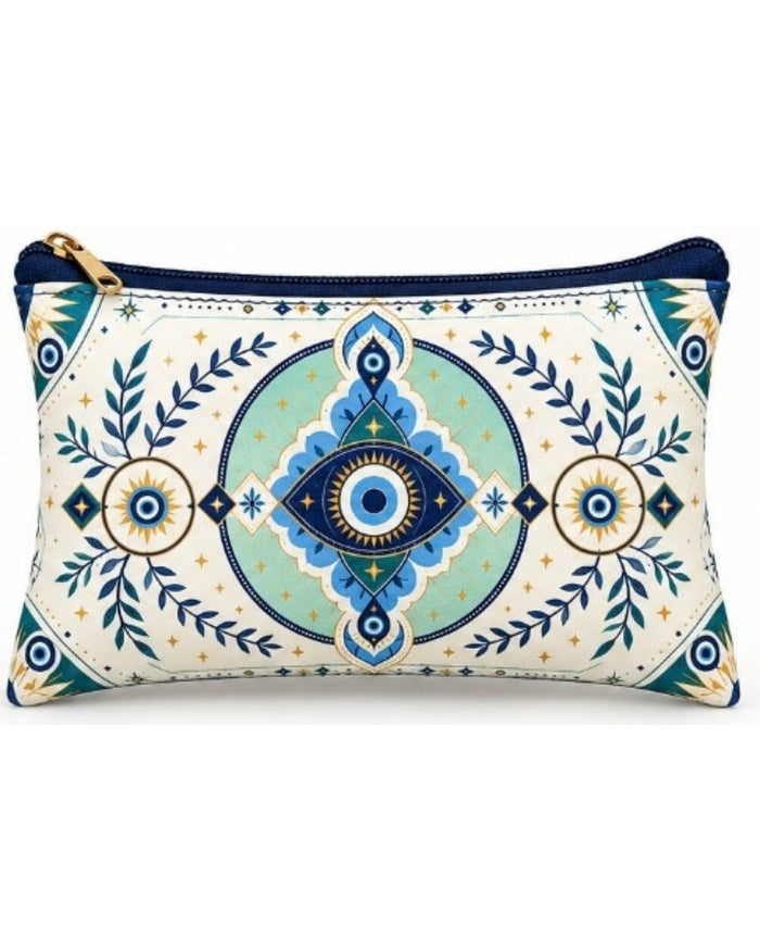 Cream faux leather zipper pouch with blue evil eye motif and gold-toned hardware