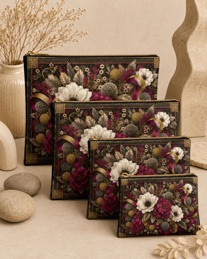Floral print zippered pouches, dark brown, with gold trim and ribbon flower details