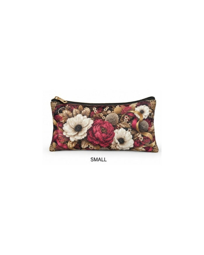 Small floral print zippered pouch with gold zipper trim and 3D flower appliques