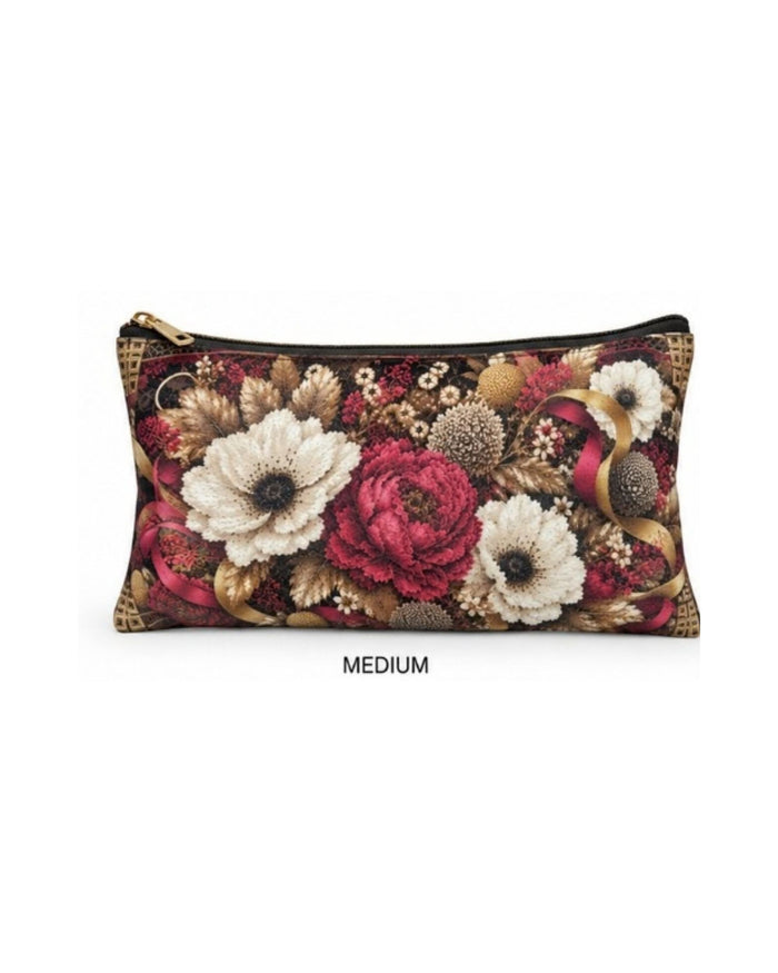 Medium floral print zippered pouch with gold zipper trim and large flower decoration