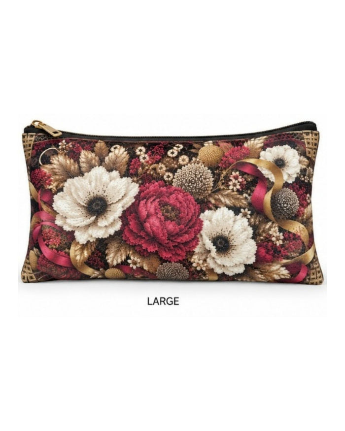 Large floral print zippered pouch with gold zipper trim and ribbon flower appliques