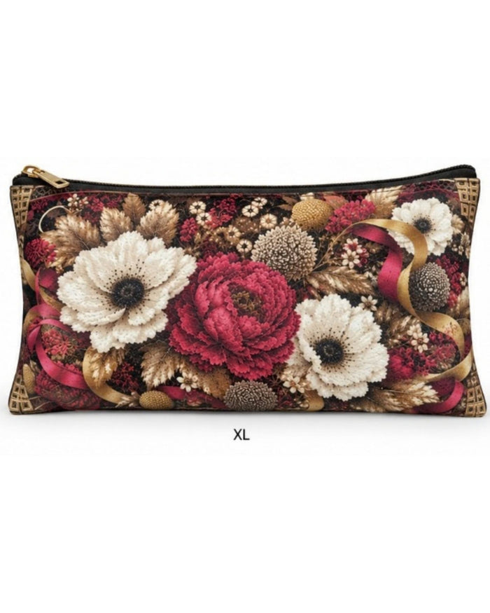 XL floral print zippered pouch with gold zipper trim and prominent 3D flower design