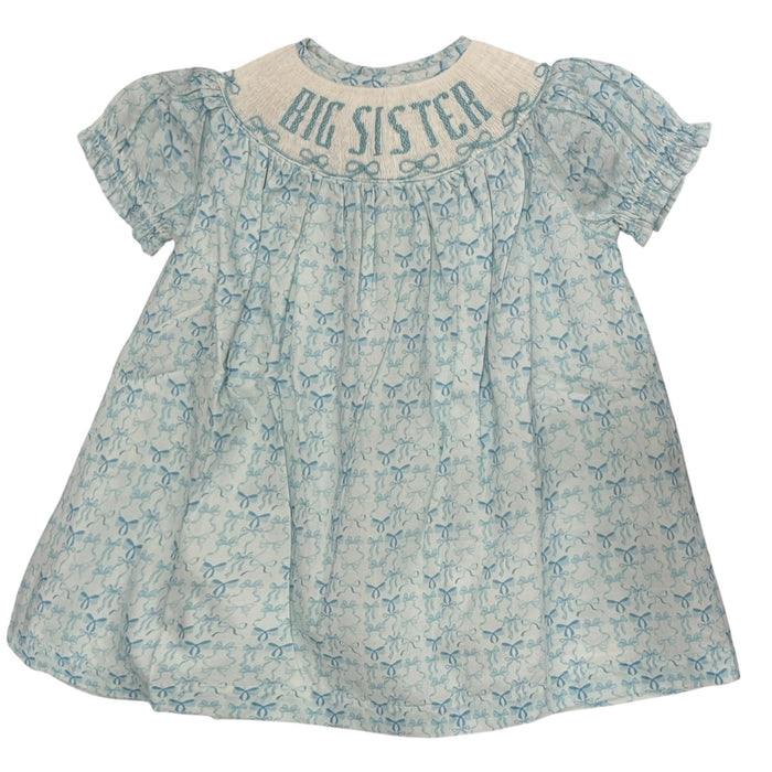 Big Sister Blue Bows Bishop Dress in soft blue bow print with smocked neckline