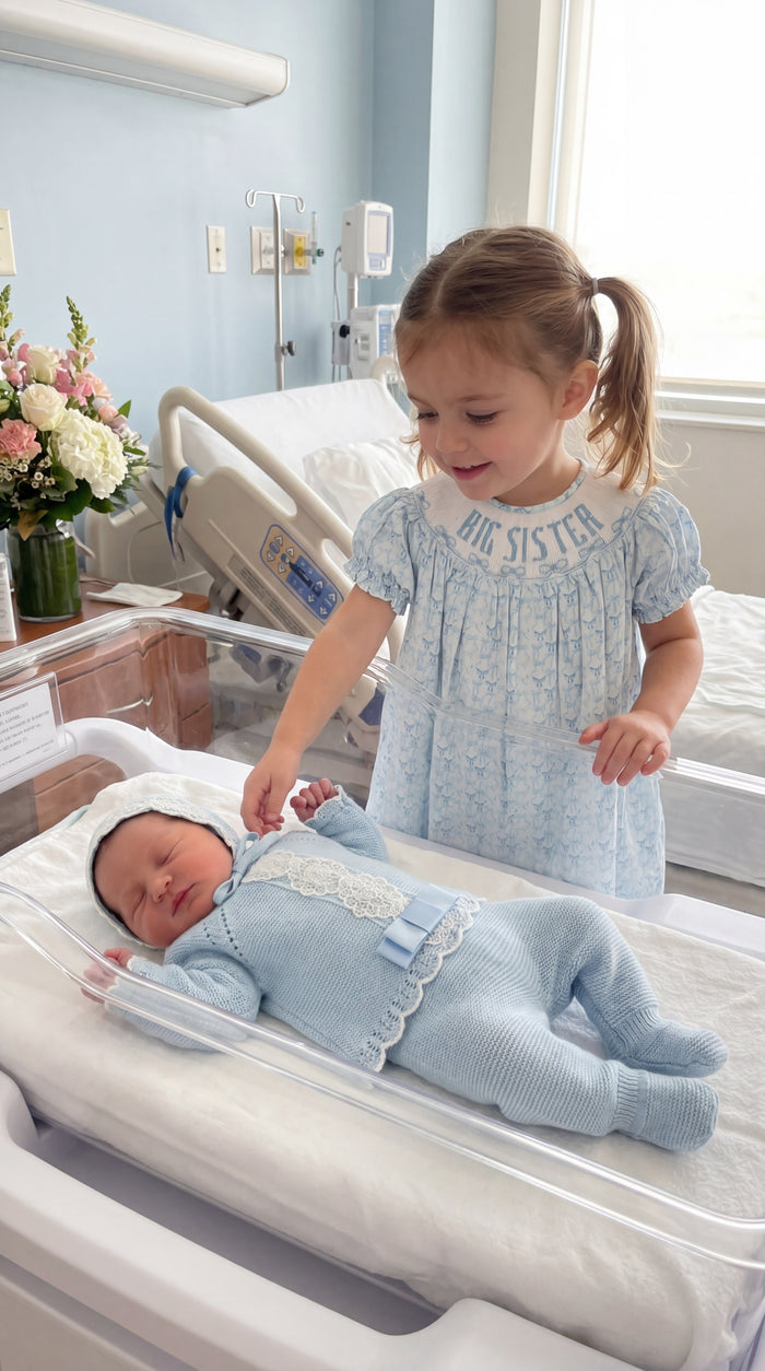Girl wearing Big Sister Blue Bows Bishop Dress