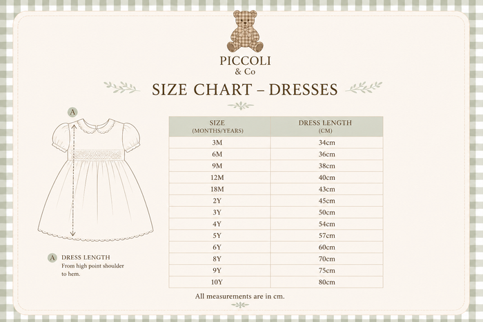 Size chart for Big Sister Blue Bows Bishop Dress