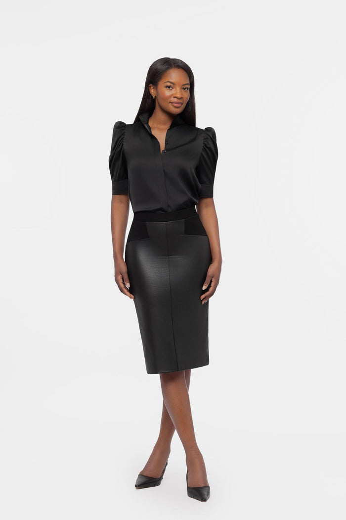 Puff Sleeve Charmeuse Blouse In Black