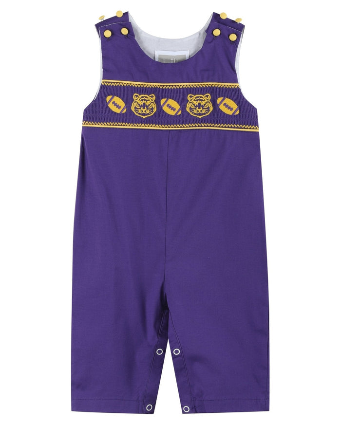 Purple and Gold Football and Tiger Smocked Overalls - Lil Cactus