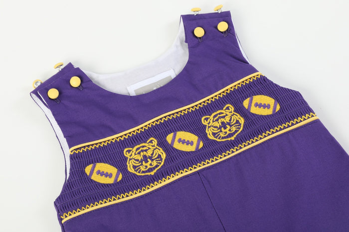 Purple and Gold Football and Tiger Smocked Overalls - Lil Cactus