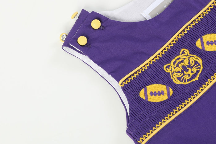 Purple and Gold Football and Tiger Smocked Overalls - Lil Cactus