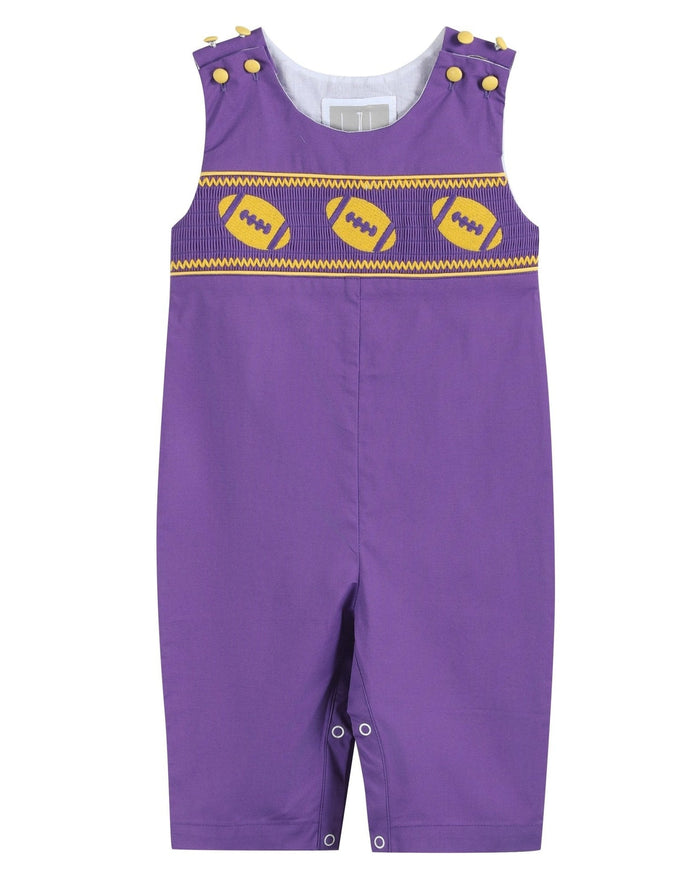 Purple and Gold Football Smocked Overalls - Lil Cactus
